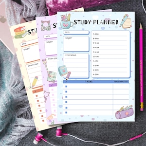 May include: Three colorful study planner sheets with a pink pencil and pink headphones. The sheets have a pastel color scheme and feature sections for date, subject, study goals, and tasks. The text "STUDY PLANNER" is visible on one sheet.