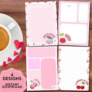 Bloc de notas de cerezas, diseño de cerezas, estampado de cerezas, bloc de notas imprimible, notas kawaii, hojas de notas imprimibles, papelería bonita, notas de cerezas