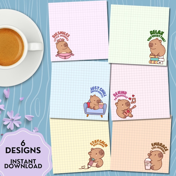 Estampa de Capivara, Capivara Fofa, Bloco de Notas Imprimível de Capivara, Bloco de Notas para Estudantes e Crianças, Artigos de Papelaria Fofos, Folhas de Anotações Kawaii, Afirmação Positiva