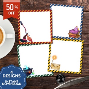 May include: Four printable designs featuring a witch on a broomstick, a stack of books with a potion bottle, a cauldron with a potion bottle, and a wand with an envelope. Each design has a white background with a yellow and black striped border.