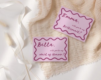 Bridesmaid Proposal Template - Editable Bridesmaid Proposal Cards - Pink & Purple Theme, Wavy Hand Drawn Border and Handwritten Style Font