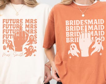 Comfort Colors® Halloween Bachelorette Bride Shirt, Personalized Spooky Bach Shirt, Custom Bridesmaid Bride to be Shirt Ghost Future Mrs Tee