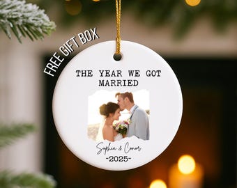 Custom photo ornament for couples, First Christmas Married Ornament, Mr Mrs Ornament, Personalized Wedding Gift, Newlywed Christmas Gift