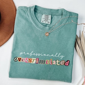 May include: A light green t-shirt with the words "professionally overstimulated" in a colourful, collage-style font. A gold necklace with a pendant and a brown hat are next to the shirt. The shirt is labelled "Comfort Colors".