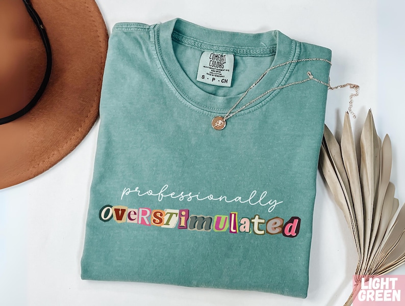 May include: A light green t-shirt with the words "professionally overstimulated" in a colourful, collage-style font. A gold necklace with a pendant and a brown hat are next to the shirt. The shirt is labelled "Comfort Colors".
