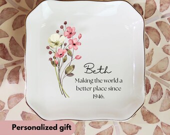 Custom 80th Birthday Floral Ring Dish for Grandma Born in 1946 Birth Month Birth Flower Trinket Dish Birthday Jewelry Dish for sister