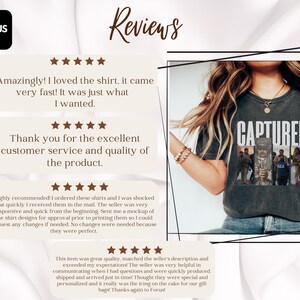May include: Dark gray t-shirt with the word "CAPTURED" in white block letters. Below the word are images of people. The shirt is worn by a person with long hair and a necklace. The image also includes customer reviews.