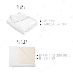 May include: A white plush blanket and a white Sherpa blanket are displayed. The plush blanket is made of 100% polyester and is lightweight and soft. The Sherpa blanket is made of 100% polyester cream Sherpa and is thick and soft.