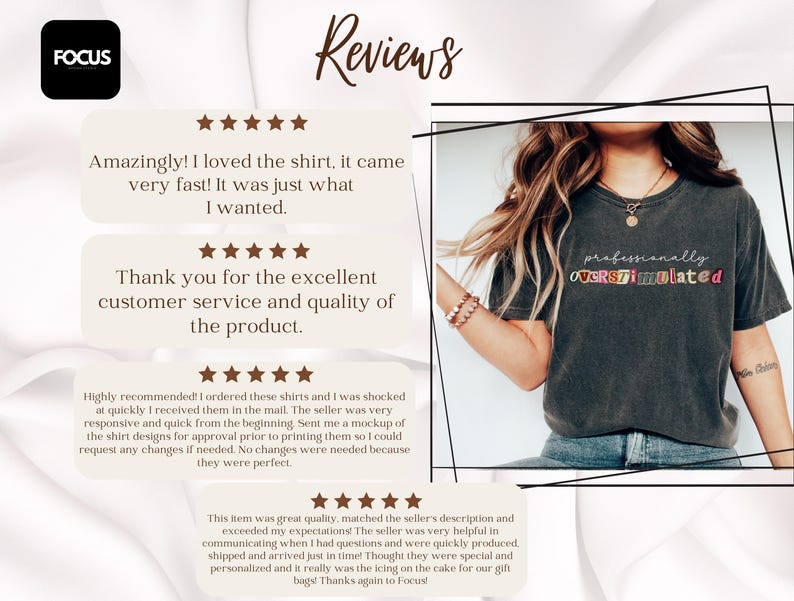 May include: Dark grey t-shirt with the text "professionally OVERSTIMULATED" in colourful block letters. The shirt is worn by a person. The image also includes customer reviews and the Focus logo.