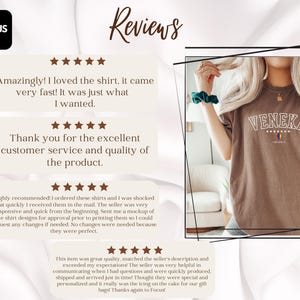 May include: Five-star reviews for a brown t-shirt with the text "VENEKA" in white. The reviews highlight the fast shipping, excellent customer service, and high quality of the product.