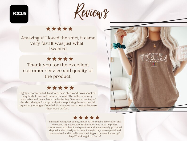 May include: Five-star reviews for a brown t-shirt with the text "VENEKA" in white. The reviews highlight the fast shipping, excellent customer service, and high quality of the product.
