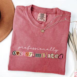 May include: Crimson t-shirt with the words "professionally overstimulated" in various fonts and colours. A gold necklace with a pendant lies on the shirt. A brown hat and dried plant are in the background.