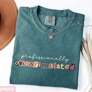 May include: Teal blue t-shirt with the text "professionally overstimulated" in a colourful, block letter design. A gold necklace with a pendant is on the shirt. A brown hat and decorative leaves are also in the image.