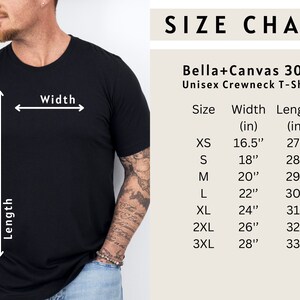 May include: A black Bella+Canvas 3001 unisex crewneck t-shirt. The image includes a size chart with measurements in inches for sizes XS to 3XL. The chart shows the width and length of the shirts.