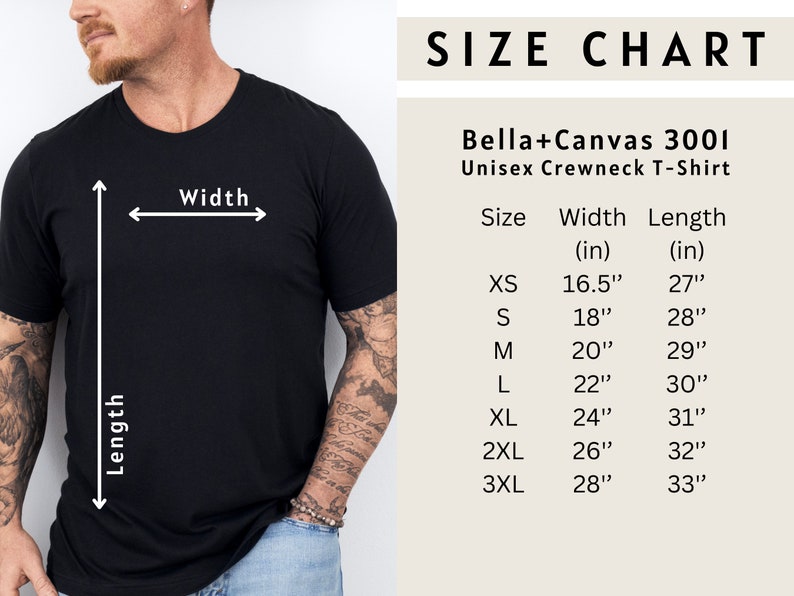 May include: A black Bella+Canvas 3001 unisex crewneck t-shirt. The image includes a size chart with measurements in inches for sizes XS to 3XL. The chart shows the width and length of the shirts.