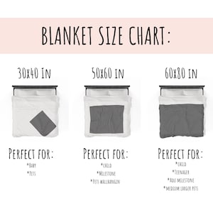 May include: A blanket size chart with three bed illustrations. The chart shows blanket sizes of 30x40 inches, 50x60 inches, and 60x80 inches. The text indicates the blankets are perfect for babies, pets, children, teenagers, and milestones.