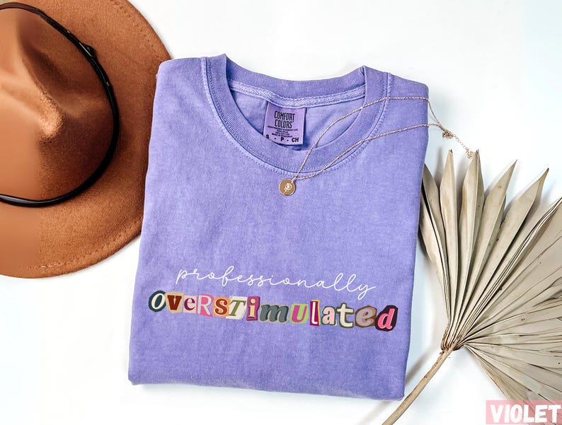 May include: A lilac Comfort Colors t-shirt with the text "professionally overstimulated" in a colourful, cut-out style. A gold necklace and a brown hat are next to the shirt. A dried palm leaf is on the right.