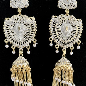 Long White and Gold Jhumka Earrings