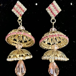 Gold Jhumka Earrings with Pink and White Stones