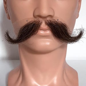 Realistic Big Curled Handlebar Mustache in Natural Hair – Dark Brown
