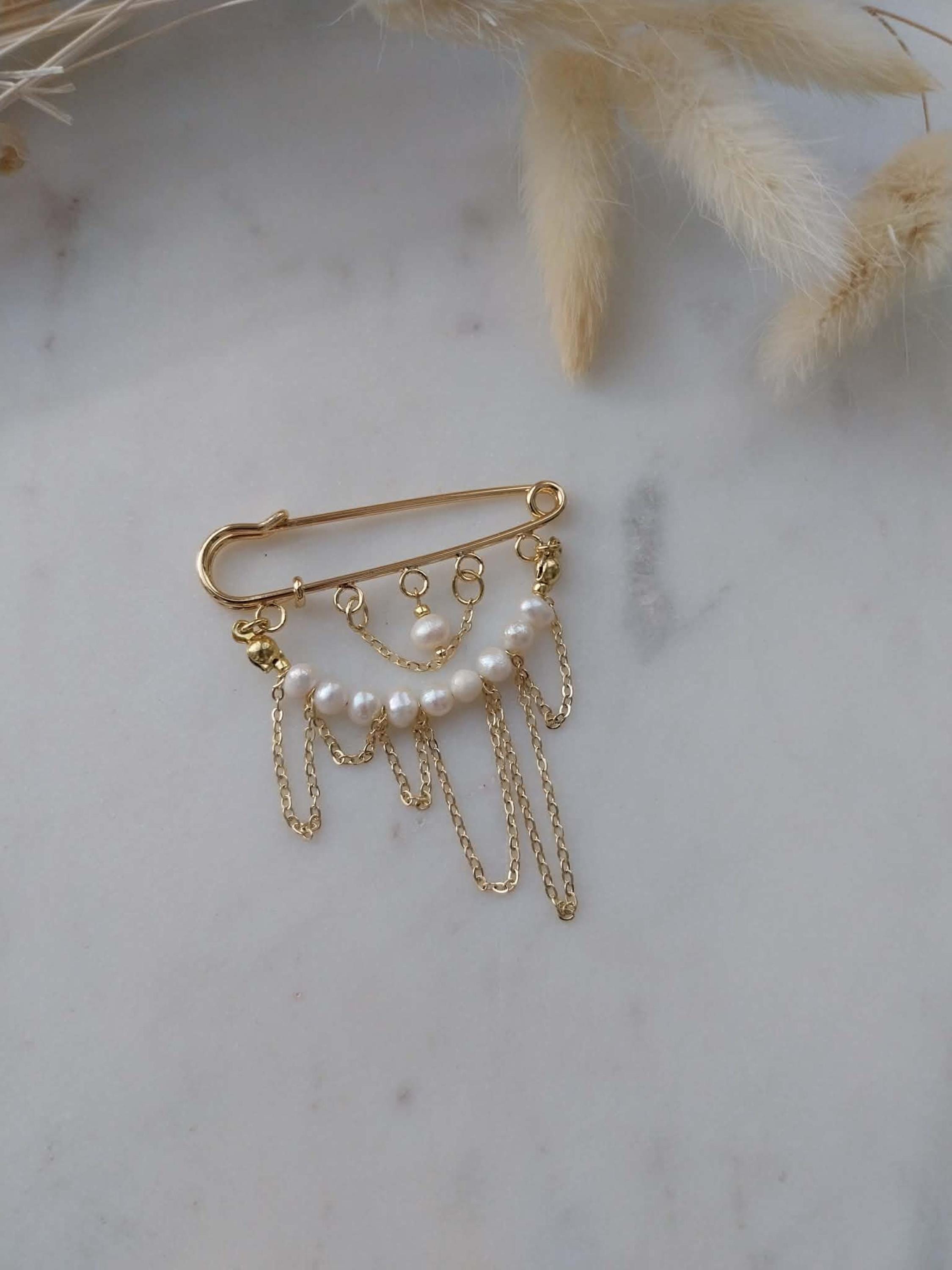 Freshwater Pearl Safety Pin Brooch: Handmade Stainless Steel Chain ...