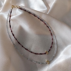 Garnet & Labradorite Moon Pendant Necklace: Gold Celestial Jewelry