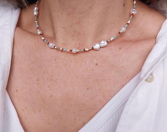 Rainbow Beaded Pearl Choker Colorful Handmade Necklace
