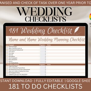 May include: A brown and white wedding checklist template with the title "189 Wedding Checklist" and the text "Name and Name Wedding Planning Checklist". The checklist is divided into two sections: "Just Engaged" and "1 Year Before Wedding". Each section has a column for "Progress" and "Notes".