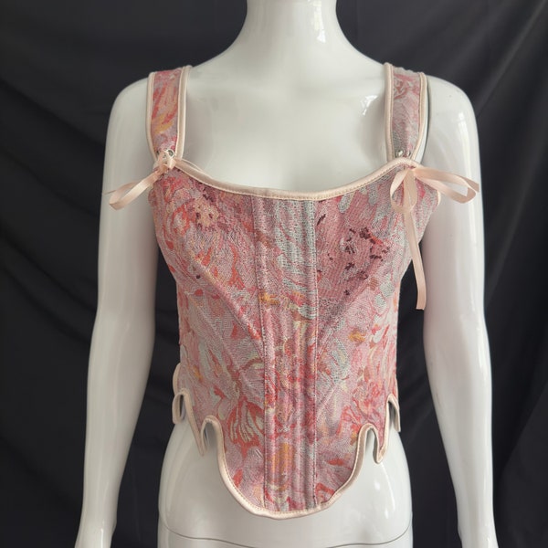 French Petit Floral Herringbone Corset, Short Vest Corset, Adjustable, Renaissance Corset, Floral Vest