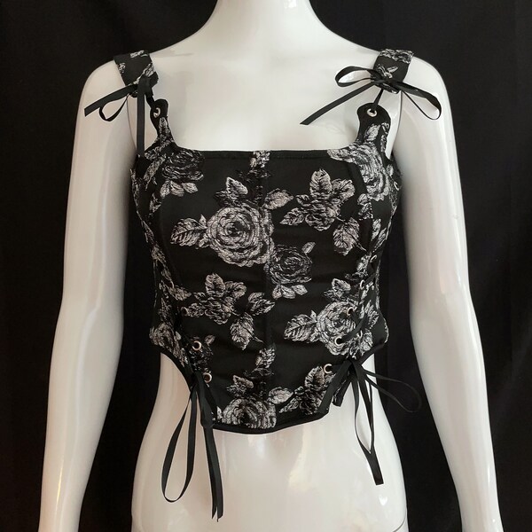 Black Rose Floral Embroidered Corset Top French Herringbone Corset Black Corset Elegant Corset