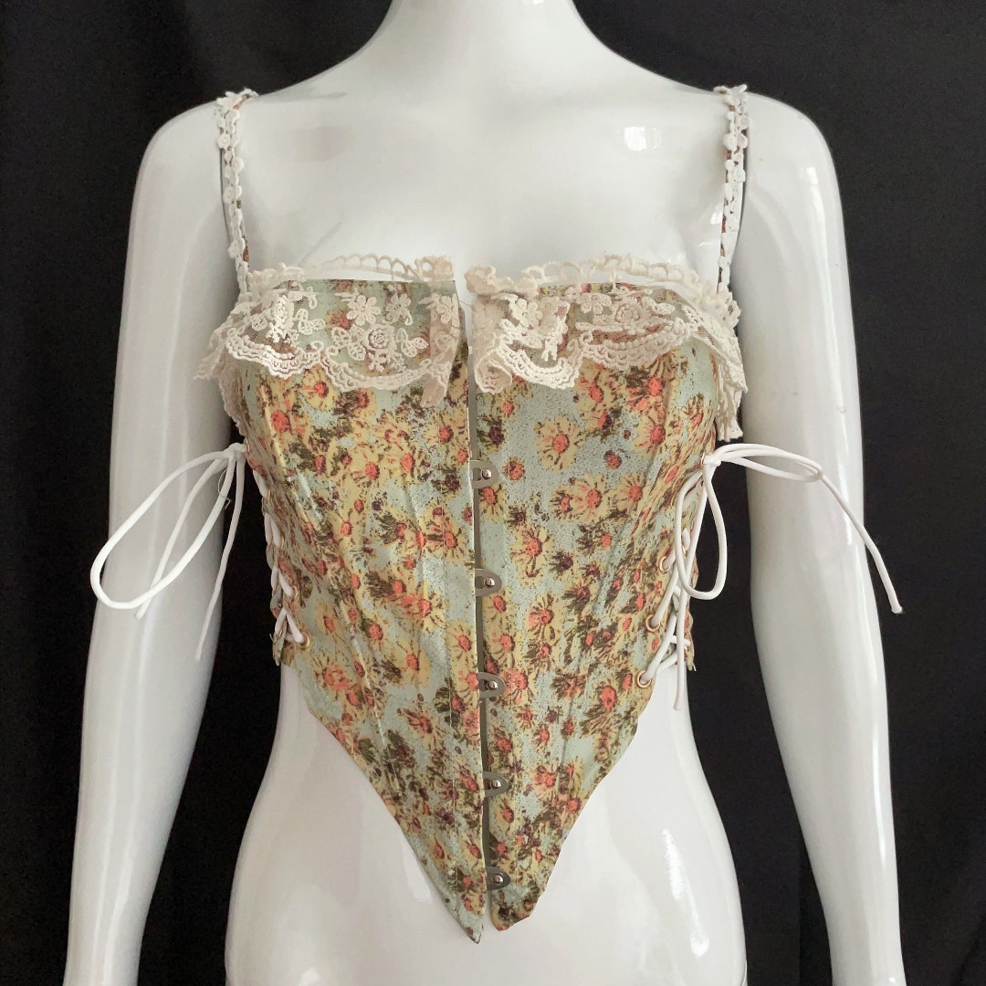 Vintage Floral Corset, Renaissance Corset Floral Vest, Fishbone Lace