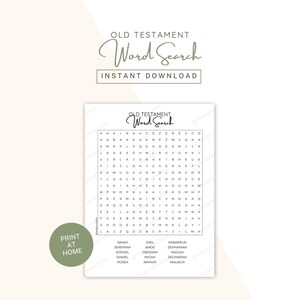 May include: A printable Old Testament word search puzzle. The words "Old Testament" and "Word Search" are at the top. The puzzle includes a list of biblical names at the bottom and the words "Print at Home" on a green circle.