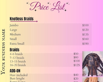 Price List Template, Editable Hair dresser Pricing Template Design.Braids, Makeup Canva Template