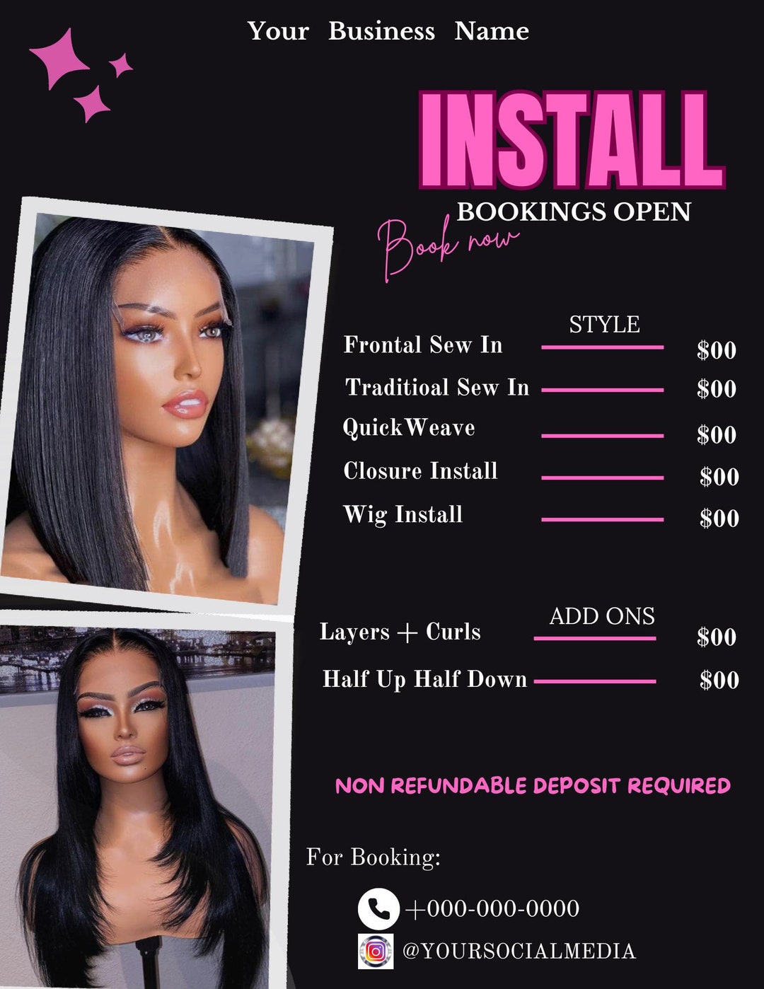 DIY Hair Salon Flyer: Wig Install, Sew In, Quickweave (canva