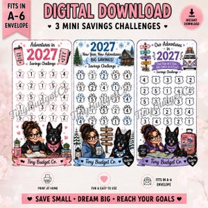 May include: Three digital savings challenge trackers for 2027, each featuring a cartoon character with a dog. The designs include star, paw print, and road sign icons for tracking progress, with text such as Adventures in 2027 and Big Savings.