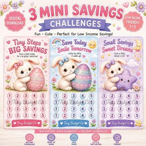 May include: Three vertical savings challenge cards featuring illustrations of white bunnies with bows. The first card is pink with an egg, the second is blue with an egg, and the third is purple with a star. Each card includes numbered circles 1-5.