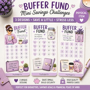May include: Three rectangular paper savings challenge cards with purple accents and illustrations. Each card features the text BUFFER FUND, numbered circles or squares for tracking, and motivational phrases. The designs include a person with a mug, a mason jar, a notebook, a piggy bank, and potted plants.