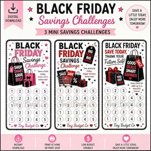 May include: A digital download featuring three Black Friday savings challenge trackers. Each vertical card displays shopping bags, gift boxes, and shopping carts with text like Shop Smart, Save Big and Good Deals Smart Savings, plus rows of numbered circles.