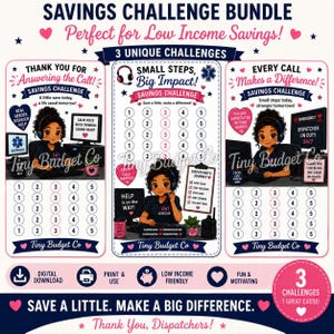 May include: A savings challenge bundle featuring three distinct designs with illustrations of emergency dispatchers. Each card includes numbered circles for tracking progress, motivational text, and icons related to emergency services.