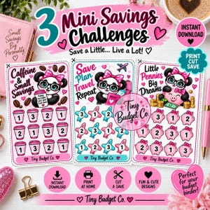 May include: Three printable mini savings challenge sheets featuring cute panda illustrations, coffee cups, aeroplanes, and piggy banks. Each sheet includes numbered icons for tracking financial goals, with the text Tiny Budget Co. printed on each.