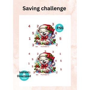 Könnte beinhalten: Ein digitaler Download mit einem "Spar-Challenge"-Design. Das Design zeigt einen Cartoon-Bären mit Weihnachtsmütze und Schleife, umgeben von Zahlen. Der Text "Spar-Challenge" steht oben. Das Bild enthält auch den Text "PNG" und "Sofort-Download".