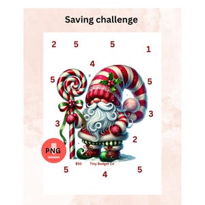May include: A digital Christmas-themed savings challenge with a festive gnome and candy cane design. The image features a red and white color scheme, with numbers indicating savings amounts. Text includes "Saving challenge" and "Tiny Budget Co."