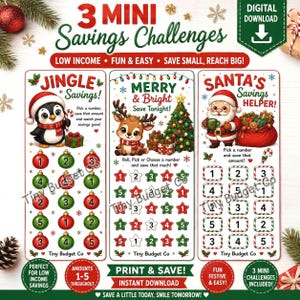 May include: A digital download featuring three Christmas-themed savings challenges. The sheet includes illustrations of a penguin, a reindeer, and Santa Claus, alongside numbered ornaments, stars, and candy cane boxes for tracking savings goals.