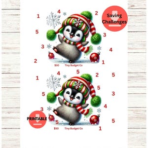 Könnte beinhalten: Ein ausdruckbares Spar-Challenge-Blatt mit einem Cartoon-Pinguin, der einen festlichen Hut und Schal trägt. Der Pinguin ist von Schneeflocken und Weihnachtskugeln umgeben. Der Text "Saving Challenges" und "Printable" sind ebenfalls sichtbar.
