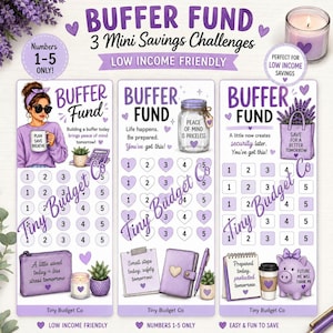 May include: Three vertical purple and white savings challenge trackers titled Buffer Fund. Each features illustrations of a person, a mason jar, a piggy bank, plants, and stationery. The trackers include grids with numbers 1-5 for tracking savings goals.