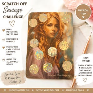May include: A rectangular savings challenge card featuring a portrait of a person with long wavy hair. The card has eight circular holographic scratch-off stickers overlaid on the image. Text on the card reads SCRATCH OFF Savings CHALLENGE.
