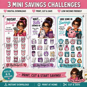 May include: A digital download sheet featuring three mini savings challenges with cartoon illustrations of a person with glasses. Each section includes numbered icons like coffee cups, bills, and piggy banks for tracking financial goals.