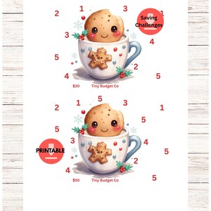 May include: Printable Christmas-themed saving challenges. The image shows a cute gingerbread cookie in a mug with a gingerbread man design. The text "Saving Challenges" and "Printable" are visible.