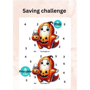May include: A printable Halloween-themed savings challenge featuring two illustrations of a cute ghost character dressed as a pumpkin. The text "Saving challenge" is at the top. The image includes the text "PNG" and "Printable".