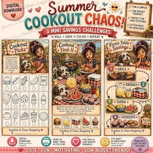 May include: A digital savings challenge sheet titled Summer Cookout Chaos featuring three sections with illustrations of a person, dogs, and picnic food items. The layout includes text, checkboxes, and numbered steps for tracking savings goals.
